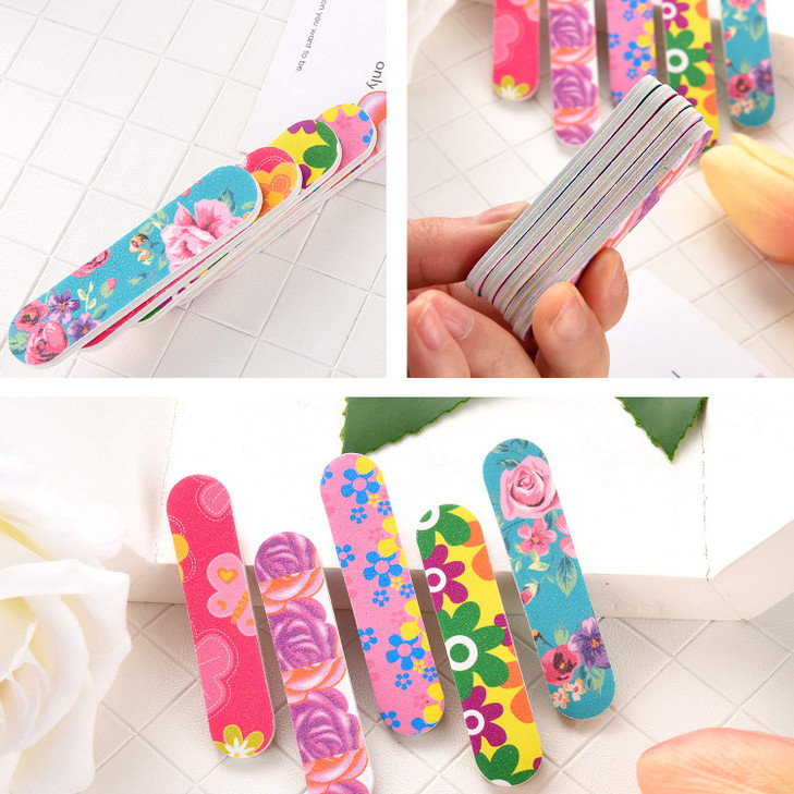 100 Pcs Colorful Nail Files Double Sided Emery Boards Manicure File and Buffers Floral Nail Tools for Women 2.56 x 0.59 Inch, 5 Colors