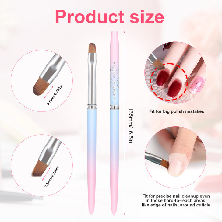 2pcs Nail Art Clean Up Brushes, Painting Brushes for Nails with Round & Angled Head Pen Painting Tools for Nail Art Design & Polish Mistake Cleaning
