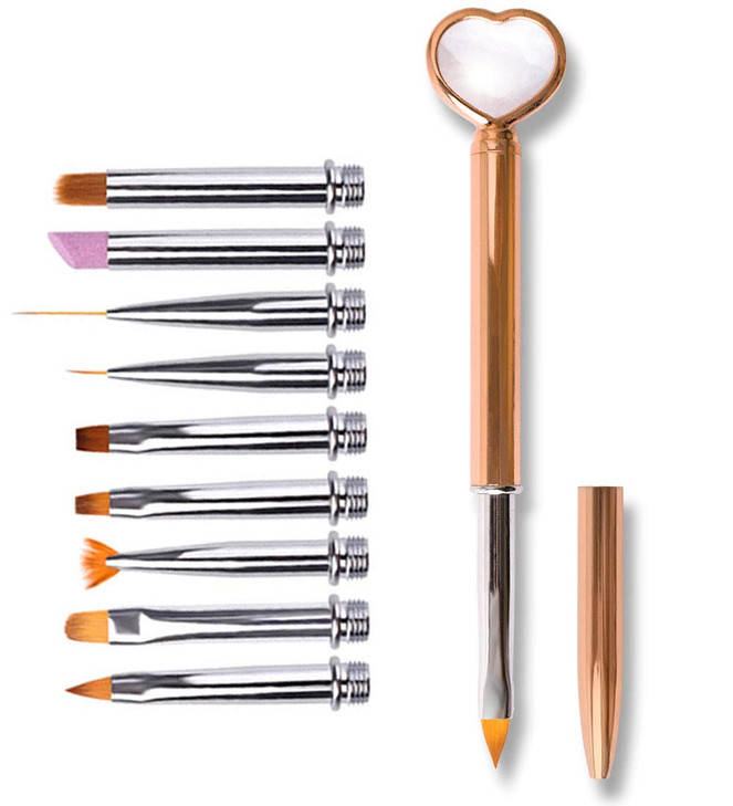 SILPECWEE Acrylic Nail Brush Set, 10-Piece Replacement Head- Liner, Oval, Flat, Angled, Fan, Ombre, Pumice Stone, Drawing Nail Design Tool Nail Art B