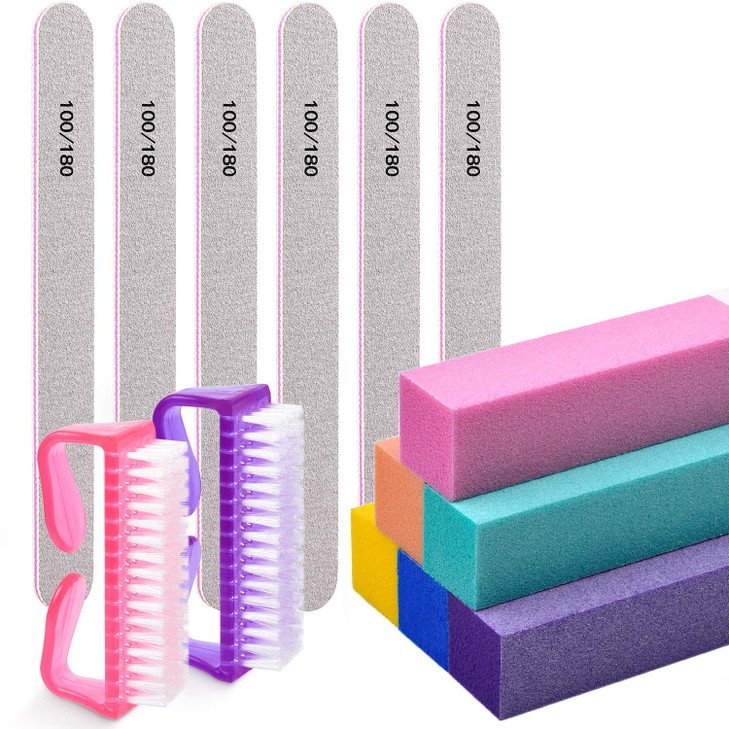 MORGLES Nail Files and Buffers, Natural and Acrylic Nail Care Kit, 6 Pcs 100/180 Grit File, 6 Pcs Rectangular Buffer Blocks and 2 Brushes
