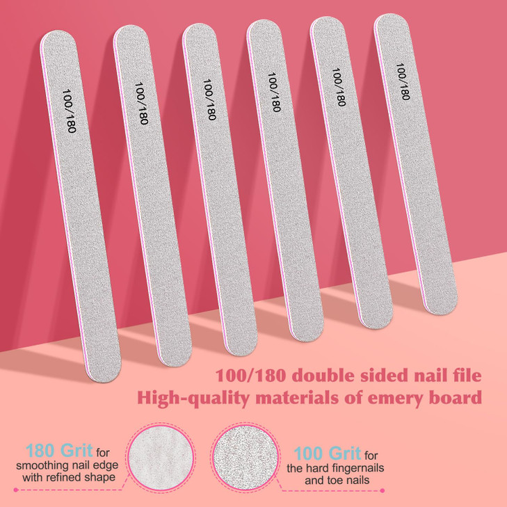 MORGLES Nail Files and Buffers, Natural and Acrylic Nail Care Kit, 6 Pcs 100/180 Grit File, 6 Pcs Rectangular Buffer Blocks and 2 Brushes
