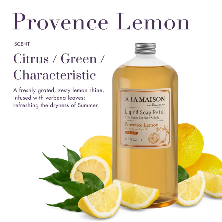 A LA MAISON French Liquid Hand Soap Refill, Provence Lemon - Natural Hand Wash Made with Essential Oils - Biodegradable, Plant-Based, Vegan, Cruelty-