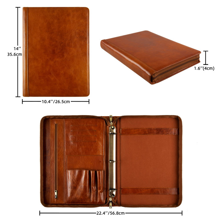 Leather Portfolio Binder, 3 Ring Leather Binder Padfolio Organizer, Personalized Portfolio for Men, iPad Laptop Padfolio with Zipper(Brown, Non-Custo