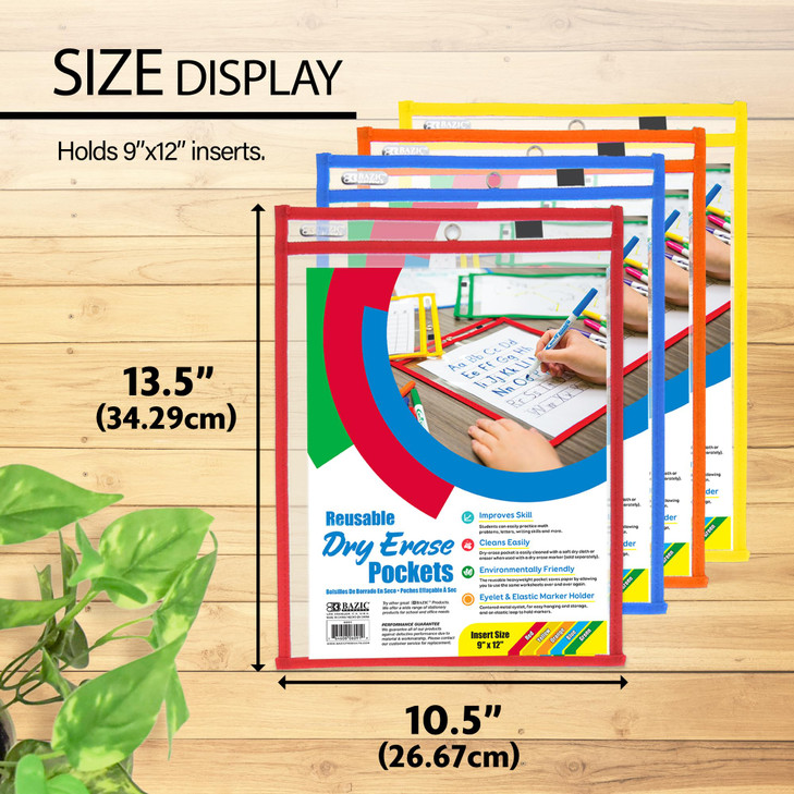 BAZIC Products Reusable Dry Erase Pockets with Marker Holder 13.5"x10.5", Clear Plastic Sleeves Sheet Protector w/Ring, Total 10 Count