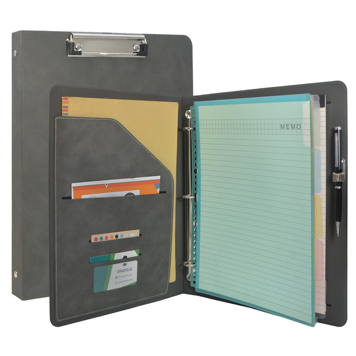 3 Ring Binder Padfolio Clipboard Case with Color File Folders, PU Leather Padfolio Ring Binder with Clipboard (Gray, Standard)