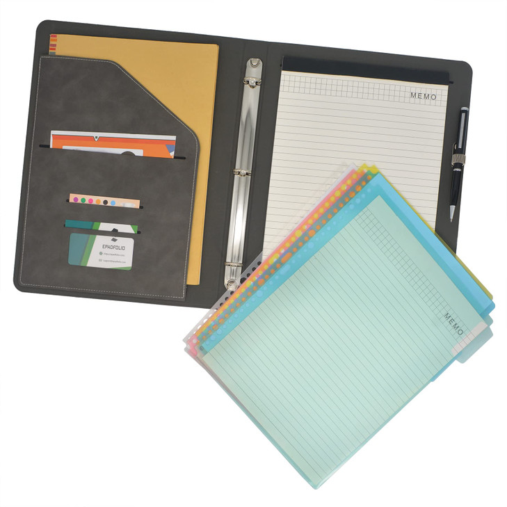 3 Ring Binder Padfolio Clipboard Case with Color File Folders, PU Leather Padfolio Ring Binder with Clipboard (Gray, Standard)