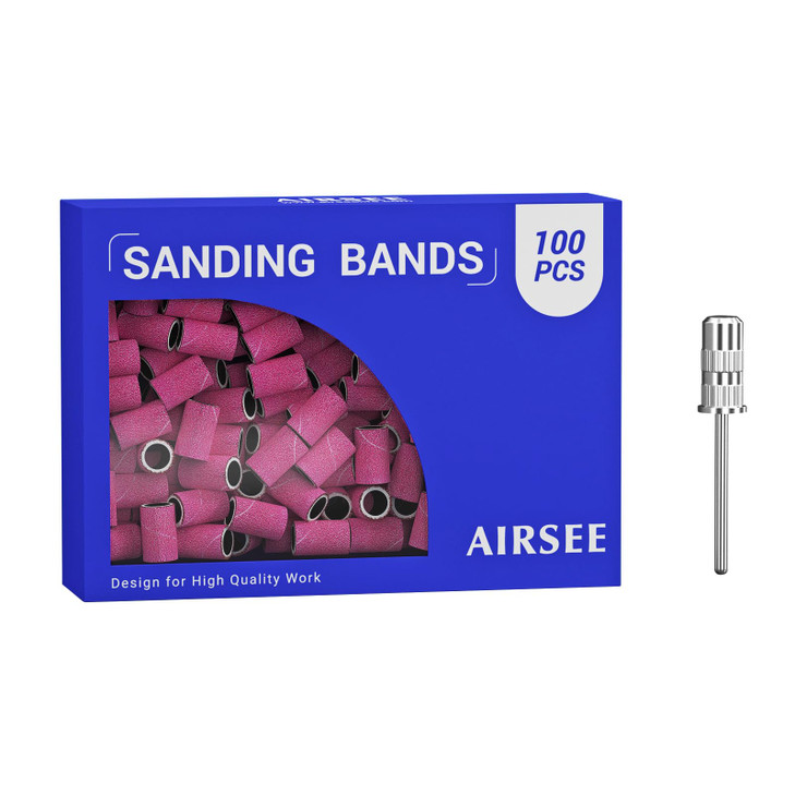 AIRSEE Sanding Bands for Electric Nail Drill 100 Piece Set 180 Grit Medium Acrylic File Attachments Professional 1 Sander Mandrel Bit Beauty Salon Ac