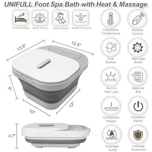 UNIFULL Collapsible Foot Spa Bath with Heat and Massage Rollers, Bubble, Foot Pedicure Kit, Temperature Control, Red Light, Pedicure Foot Spa, Foot B