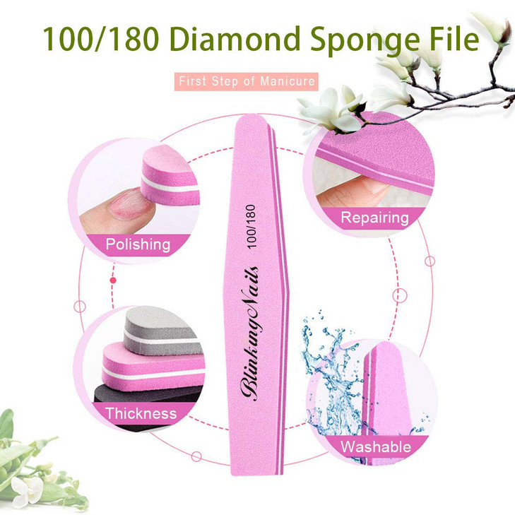 Sponge Nail File and Buffers for Nail Art Care Double Sides Design 100/180 Grit Nail Buffer Professional Manicure Nail Tools Color Pink Pack of 10pcs