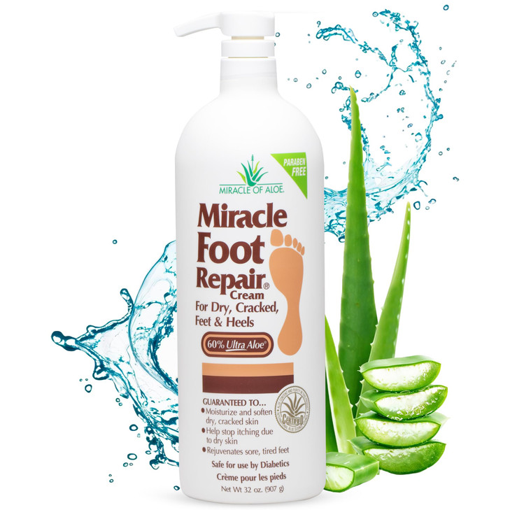 Miracle Foot Repair Cream (32 oz) Repairs Dry Cracked Heels and Feet, 60% Pure UltraAloe Moisturizes, Softens, and Repairs