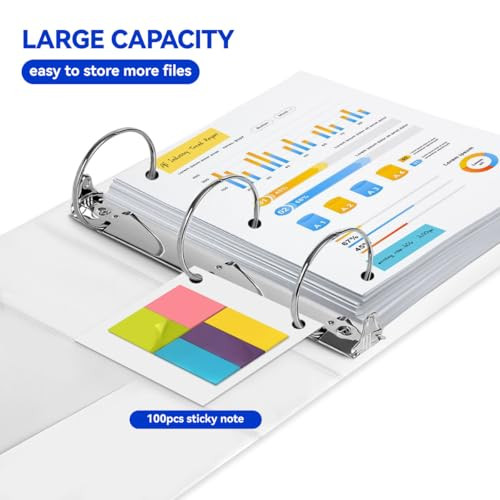 3 Ring Binder 3 Inch, 2 Pack Round Ring PVC-Free Clear View Binder(Fit 10.5x11 Inches) with 100 Pcs Sticky Note for School or Office Supplies