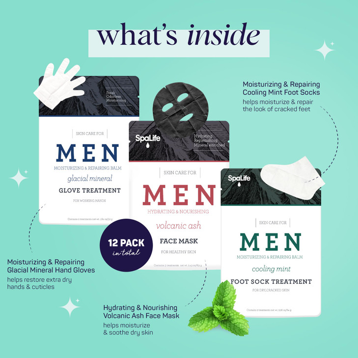 SpaLife Men's 12-Piece Spa Set: Repairing Hand Gloves for Dry Hands, Cooling Mint Foot Socks for Cracked Heels, and Moisturizing Face Mask Ultimate M