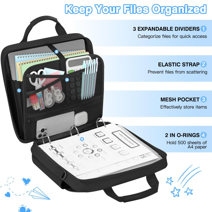 MoKo Zipper Binder Bag, 2 Inch 3 Ring Zipper Binder with Detachable Backpack Strap + Shoulder Strap, 500 Sheets Capacity, Multi-Pocket School Bag Fit