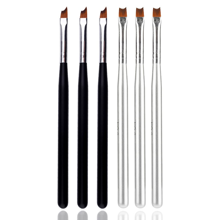 JERCLITY 6pcs French Tip Nail Brushes Set 3pcs Half Moon Shape Silver Handle 3pcs Oblique Head Black Handle Nail Brushes UV Gel Acrylic Painting Draw