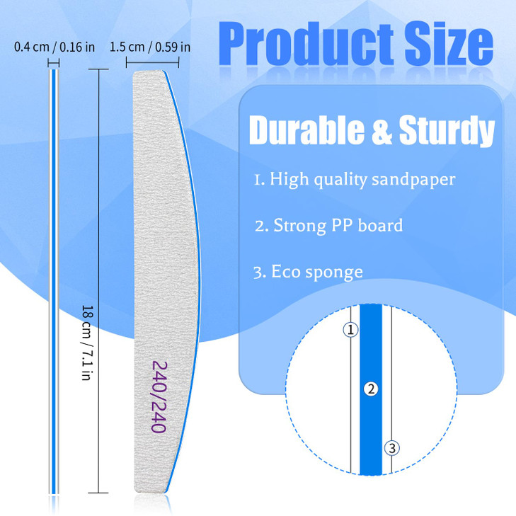 12 PCS Professional Nail File, 240/240 Grit Nail Files for Natural Nails Emery Boards Nail File Doubled Sides Washable Fine Grit Nail File Manicure T