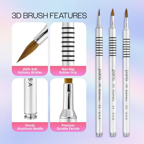 PANA 3D Kolinsky Acrylic Nail Art Sculpture Brush with Silver Metal Non-Slip Grip Handle for Manicures 3D Nail Art Flower Designs (Size #4)
