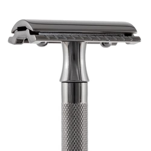 MERKUR 23B Double Edge Safety Razor - Black Long Knurled Brass Handle Made in Germany Plastic-Free Three Piece Design Closed Comb Straight Bar