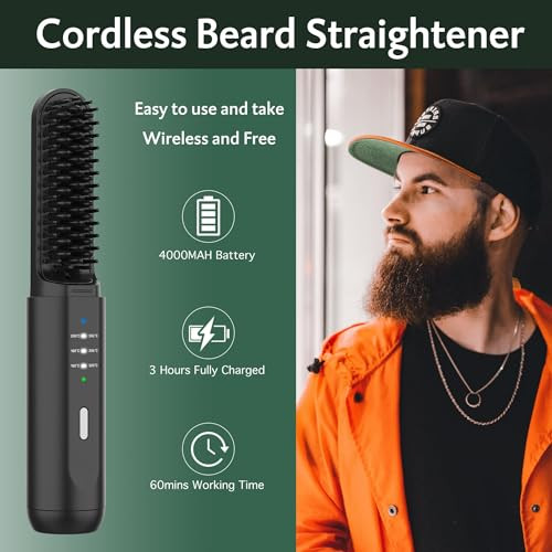 Beard Straightener for Men, Portable Cordless Heated Hair & Beard Straightening Brush with Anti-Scald & Ionic Technology, 3 Temperature Setting Comb