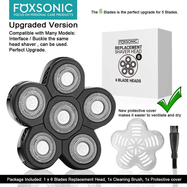 FOXSONIC Universal 6 Blade Replacement Heads for Mainstream Shaver Brands, Bald Shaver Replacement Heads with Blade Cover (Black)