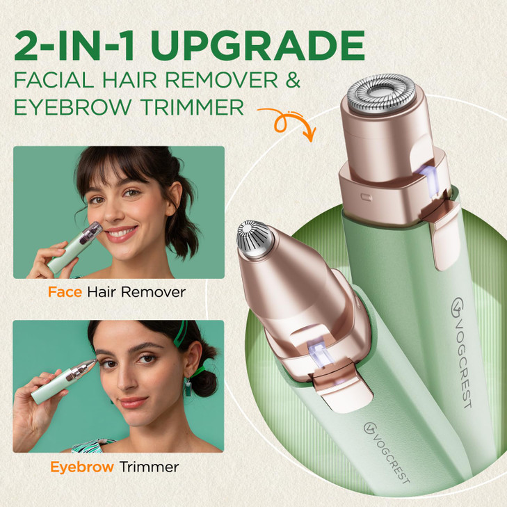 VOGCREST Hair Trimmer, 2 in 1 Facial Hair Remover & Eyebrow Trimmer for Women - Rechargeable, Portable, LED Light