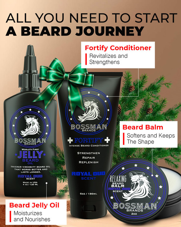 Bossman Essentials Beard Kit for Men, Set of 3 - Beard Oil Jelly, Fortifying Conditioner Cream, Beard Balm - Grooming Growth Care Accessories - Gift