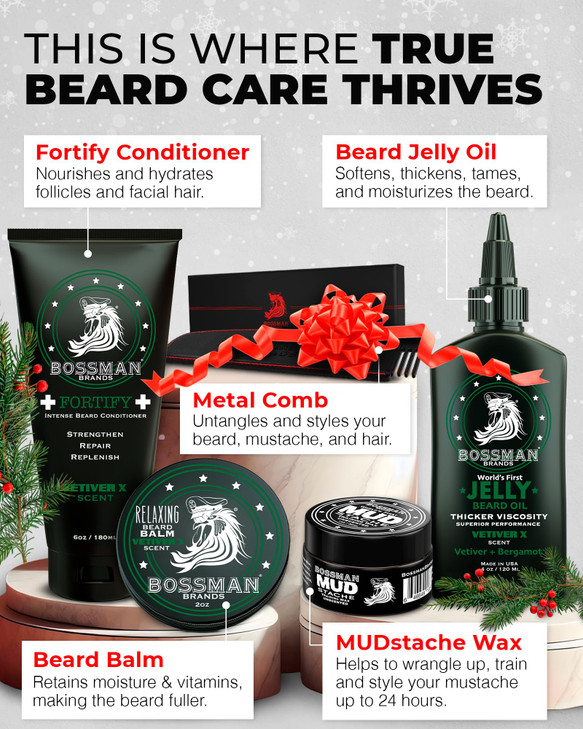 Bossman Complete Beard Kit  Men's Beard Oil Jelly, Fortifying Shower Conditioner, Balm, Mustache Wax & Comb  Beard Softener & Grooming Care  Men G