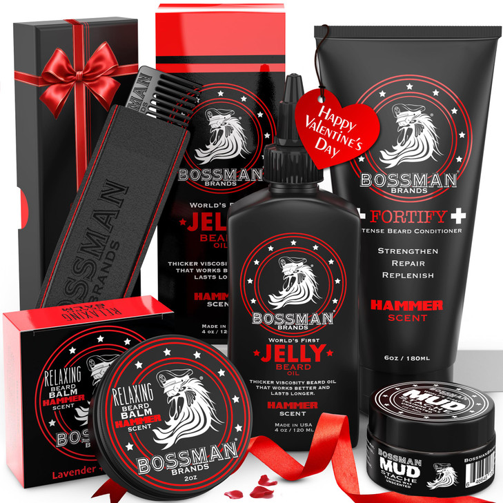 Bossman Complete Beard Kit  Men's Beard Oil Jelly, Fortifying Shower Conditioner, Balm, Mustache Wax & Comb  Beard Softener & Grooming Care  Men G