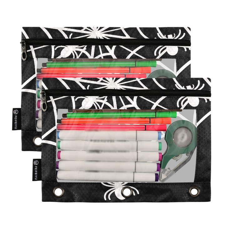 2 Pack 3 Ring Binder Pencil Pouch Spider Web Pencil Case Pencil Bags with Zipper, Clear PVC Binder Pockets for Office Daily Supplies
