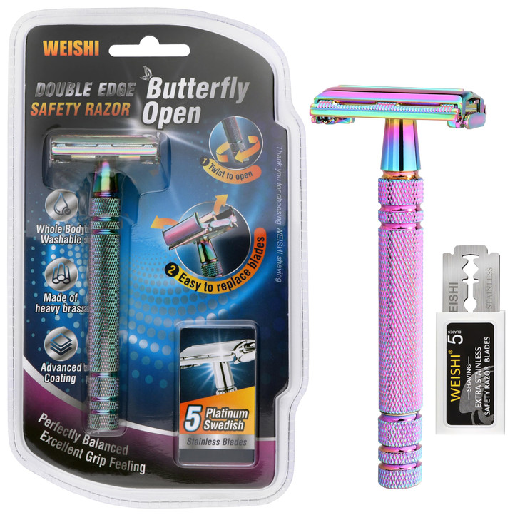WEISHI Butterfly Open Double Edge Safety Razor for Men and Women, Elegant Rainbow Color Handle with 5 Stainless Razor Blades Included, Reusable Wet S