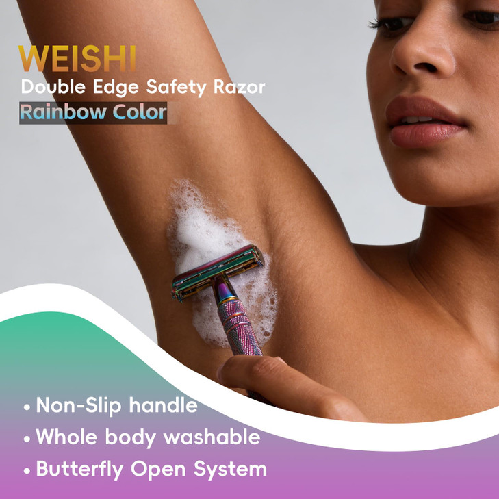 WEISHI Butterfly Open Double Edge Safety Razor for Men and Women, Elegant Rainbow Color Handle with 5 Stainless Razor Blades Included, Reusable Wet S