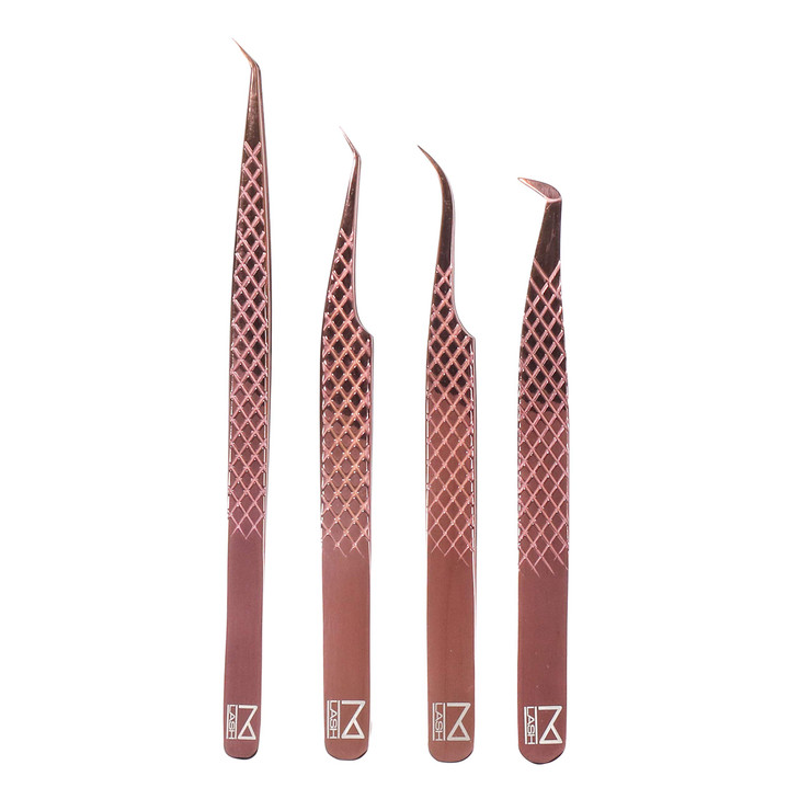 M LASH Tweezers for Eyelash Extensions (Set of 4) - Professional Lash Extension Tweezers - Fiber Tip, Japanese Steel, Diamond Grip (Rose Gold)