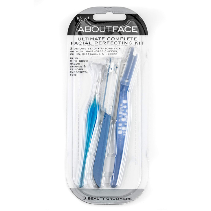 About Face Ultimate Complete Facial Perfecting Kit - 3 Beauty Groomers for Hair Removal, Ideal for Shaving, Exfoliating, Dermaplaning and Brow Shapin