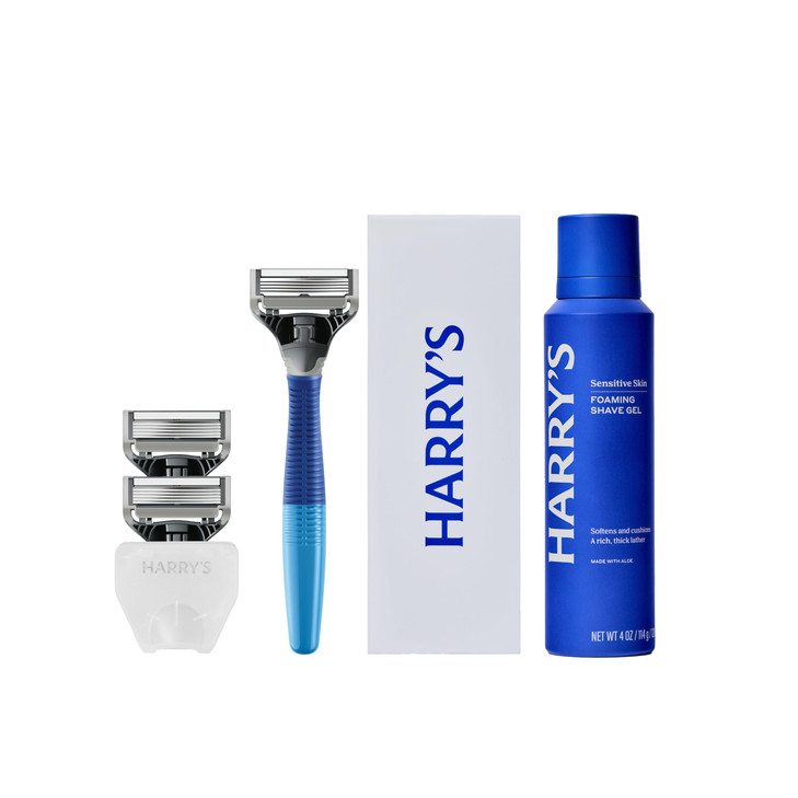 Harry's Original Shaving Kit for Men - Razor Handle, 3 Razor Blade Refills, Foaming Shave Gel, and Travel Blade Cover - German Engineered - Ocean Blu