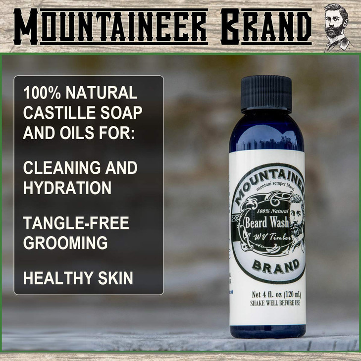Mountaineer Brand Beard Wash for Men | 100% Natural Beard Shampoo | Thick Cleaning Softening Lather for Hair and Skin | Hydrate and Detangle | Groomi