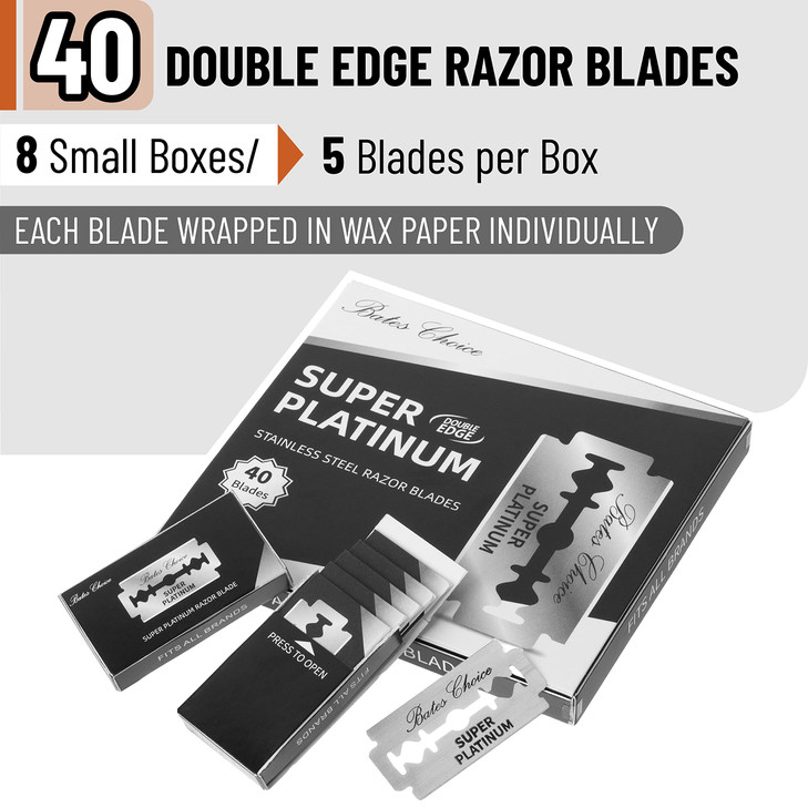 Bates Double Edge Safety Razor Blades for Men - Stainless Steel, 40 Pack, Shaving Blades