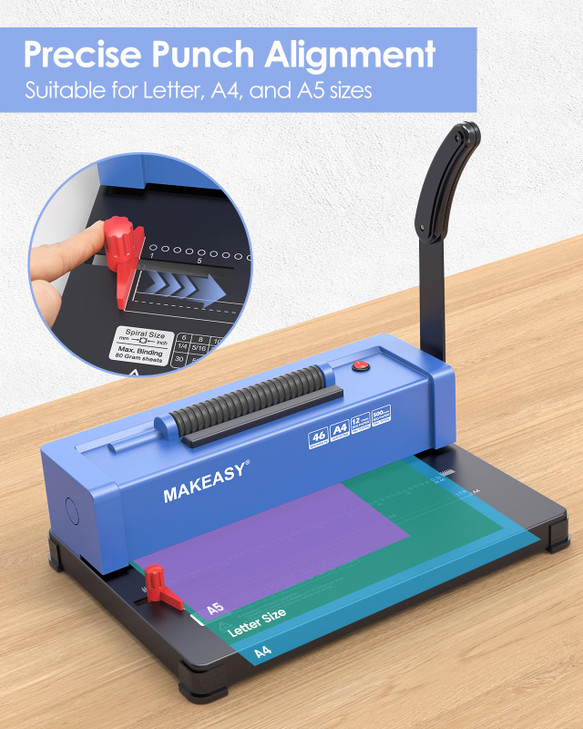 MAKEASY Spiral Binding Machine, 4:1 Pitch, 12 Sheets Punch Capacity, Electric Coil Insert, Book Binder Machine for A4/A5/Letter Size Paper, Comes wit