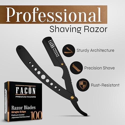 Facón Straight Razors for Men - Professional Barber Straight Edge Razor Kit with 100 Blades, Classic Stainless Steel Barbero Shaver for a Smooth & Pr