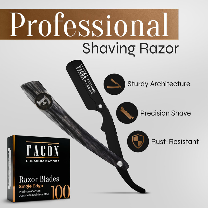Facón Straight Razors for Men - Professional Barber Straight Edge Razor Kit with 100 Blades, Wooden Stainless Steel Barbero Shaver for a Smooth & Pre