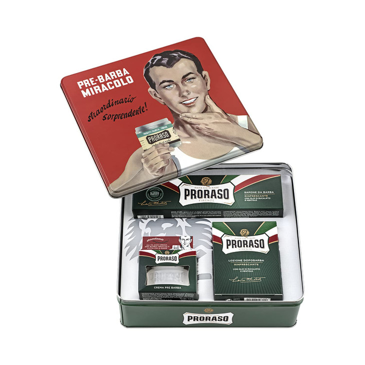 Proraso Shaving Kit - Vintage Gino Tin - Refreshing Pre Shave Cream, Shaving Cream & After Shave Balm for All Beard Types - Premium Italian Gift Set