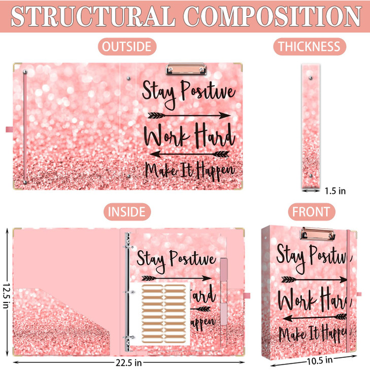 Lateefah 3 Ring Binder, 1 Inch Round Ring Binder with 5 Tab Dividers, Cute Clipboard Binders with 2 Pockets, Decorative Three Ring Binder for Women,