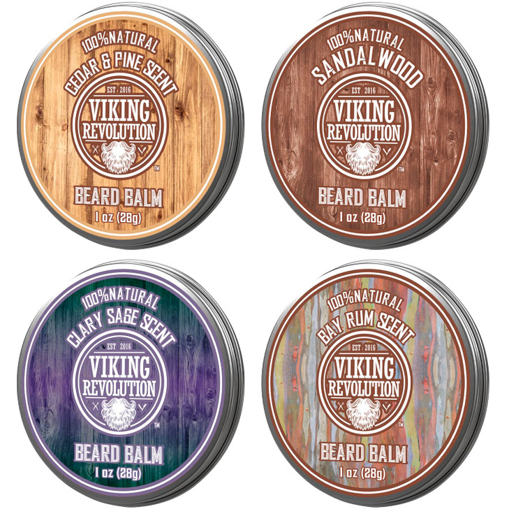 Viking Revolution 4 Beard Balm Variety Pack (1oz Each) - Sandalwood, Pine & Cedar, Bay Rum, Clary Sage - Styles, Strengthens and Softens Beards and M