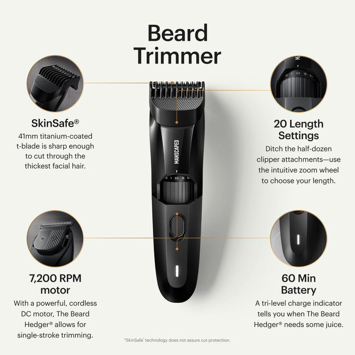 MANSCAPED® The Beard Hedger® Men's Premium Beard Trimmer, 20 Length Adjustable Blade Wheel, Stainless Steel T-Blade for Precision Facial Hair Trimmin