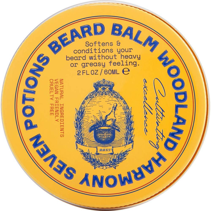 Seven Potions Beard Balm 2 oz. 100% Natural Softener with Jojoba Oil - Nourishes, Softens, Stops Itch, and Leaves Healthy Shiny Beard (Woodland Harmo