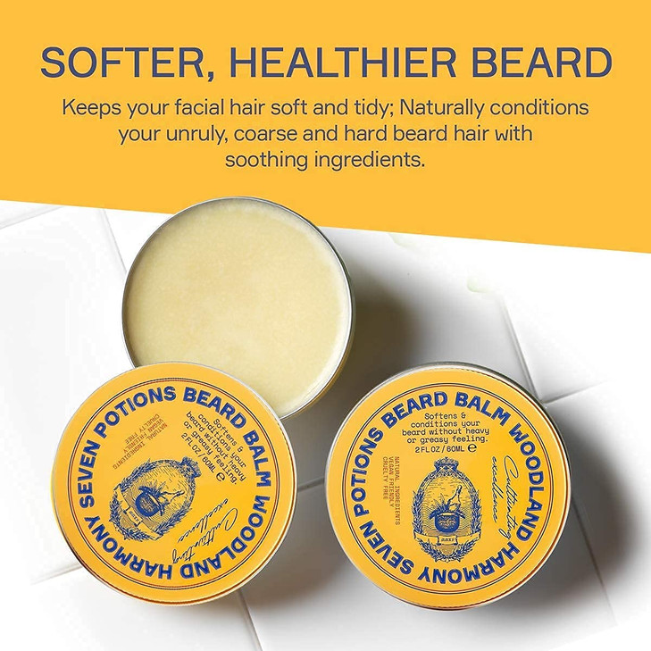 Seven Potions Beard Balm 2 oz. 100% Natural Softener with Jojoba Oil - Nourishes, Softens, Stops Itch, and Leaves Healthy Shiny Beard (Woodland Harmo