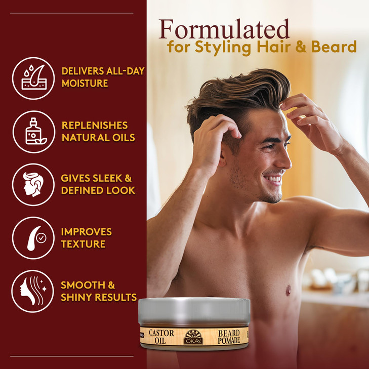 Okay | Men's Castor Oil Beard and Hair Pomade | For All Hair Types & Textures | All Day Hold | Sleek, Defined Look | Free of Silicone & Paraben | 4 o