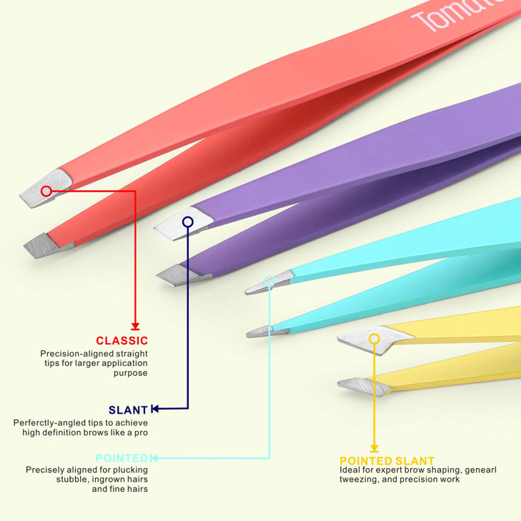 Tomata Tweezers for Eyebrows, Slant Tip and Pointed Eyebrow Tweezer Set Great Precision for Eyebrows Facial Hair, Ingrown Hair, Splinter, Blackhead a