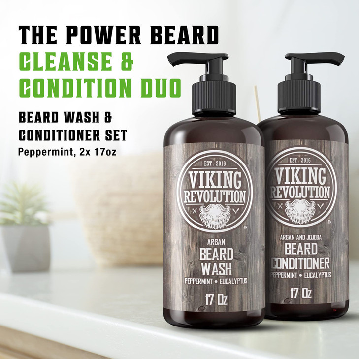 Viking Revolution Beard Wash & Conditioner Set w/Argan & Jojoba Oils  Softens, Smooths & Strengthens Beard Growth - Natural Peppermint and Eucalyptu