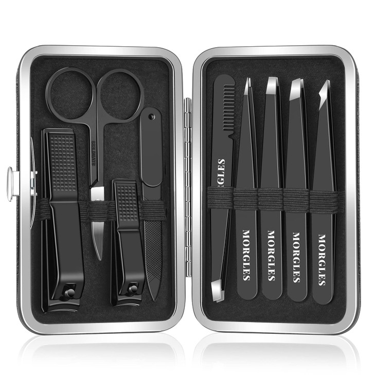 MORGLES Tweezers Set and Nail Clippers, 9 Pcs Stainless Steel Tweezers Kit for Men Professional Manicure Set for Men Grooming Kit With Leather Travel