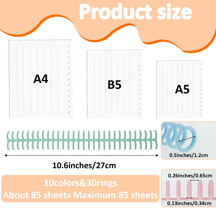 COMNICO Binding Spines, 10Pcs Plastic Binding Combs Binding Machine 30 Hole Click Binding Ring Spiral Book Binder Coils for Student Teacher Business