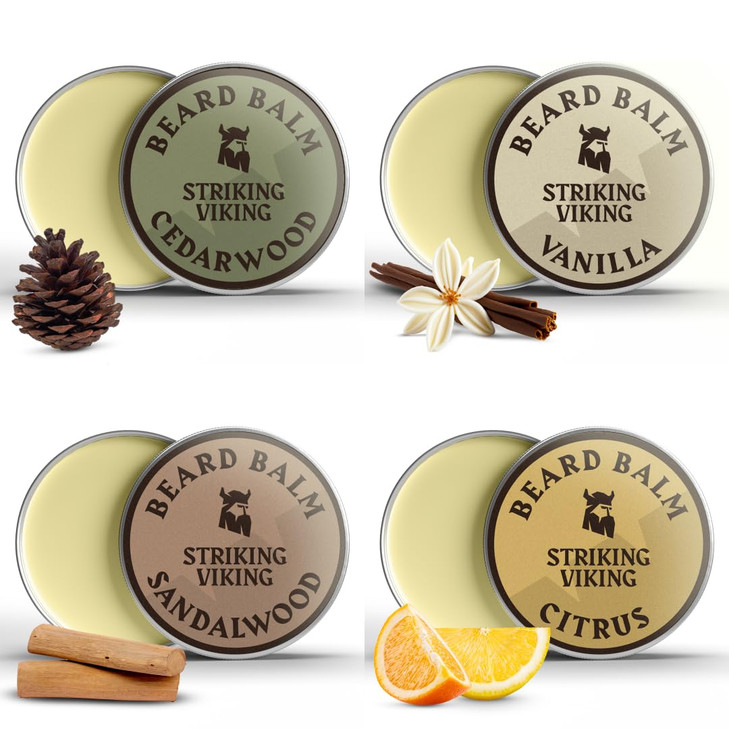 Striking Viking Beard Balm for Men - Pack of 4, 1 Oz Tins, Assorted Scents - Hydrating Balm & Moisturizer - Beard Butter Variety Pack